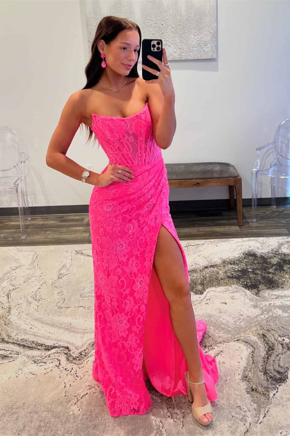 Strapless Lace Ruched Corset Mermaid Prom Dress with Slit