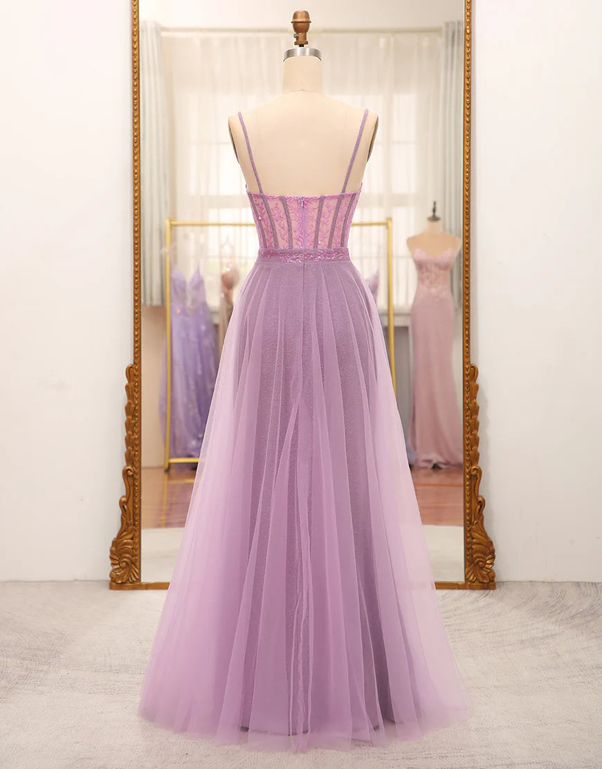 A-Line Princess Lilac Spaghetti Straps Long Corset Prom Dress