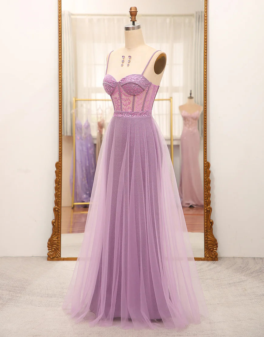 A-Line Princess Lilac Spaghetti Straps Long Corset Prom Dress