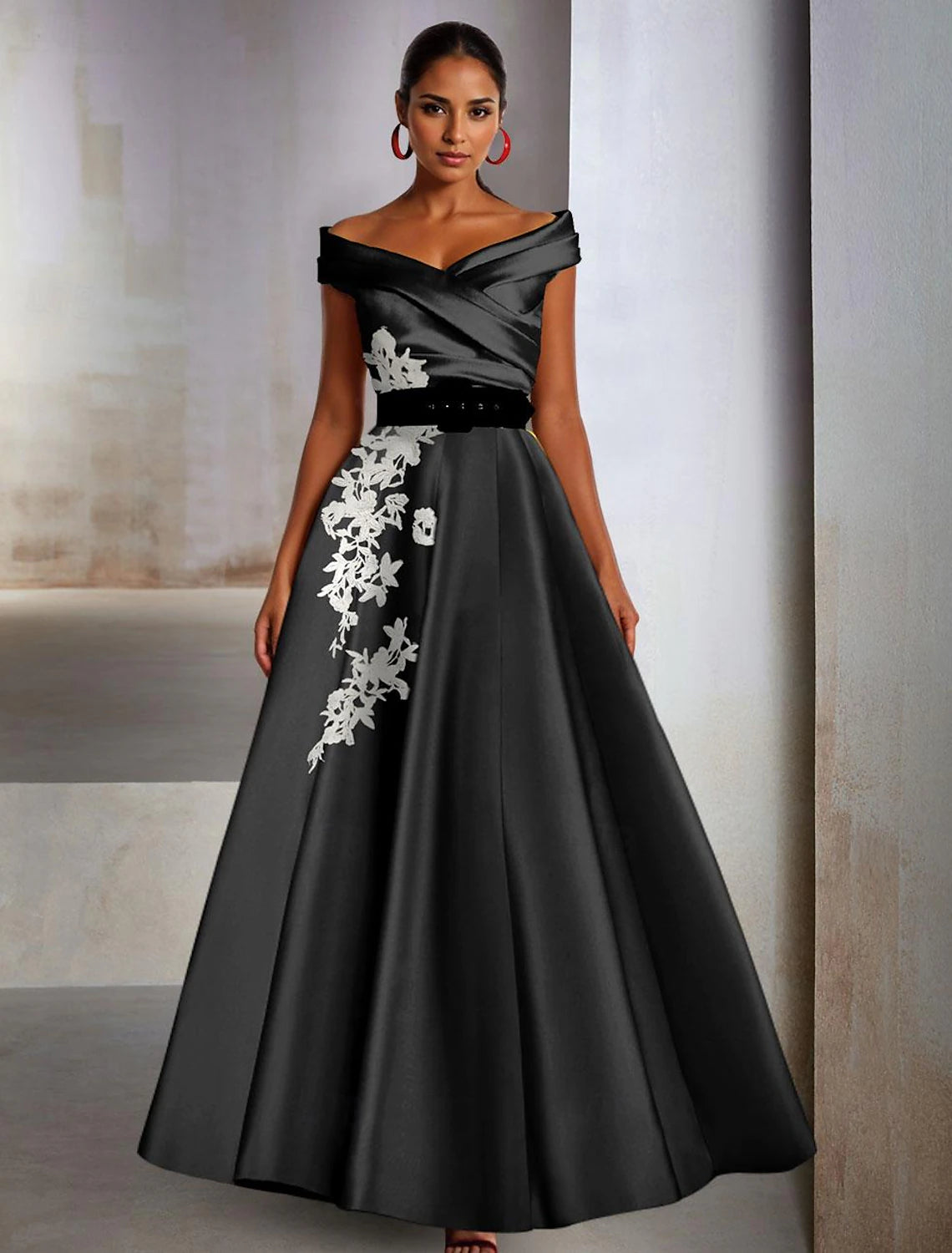 A-Line Evening Gown Wedding Guest Floor Length Sleeveless Off Shoulder Belt / Sash Satin with Slit Applique