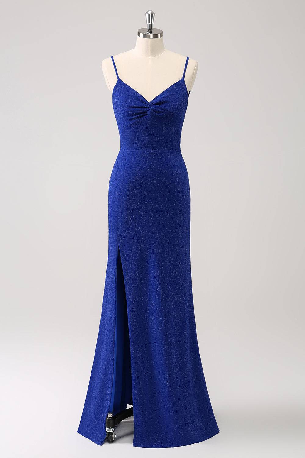 Sparkly Royal Blue V-Neck Twist Slit Wedding Guest Party Dress