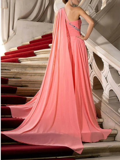 A-Line One Shoulder Court Train Floor-length Evening Dresses With Crystals Draping