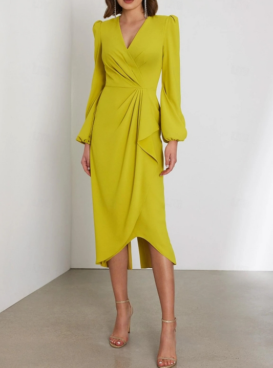 Yellow Elegant Wedding Guest Dresses V Neck Stretch Chiffon Cocktail Tea Length Long Sleeve Dress