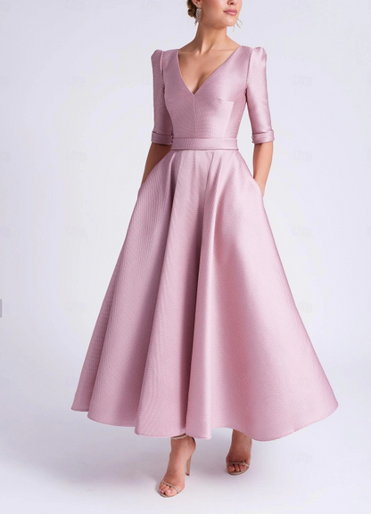 A-Line Wedding Guest Dress Semi-formal Tea Length Half Sleeve V Neck Satin with Pocket