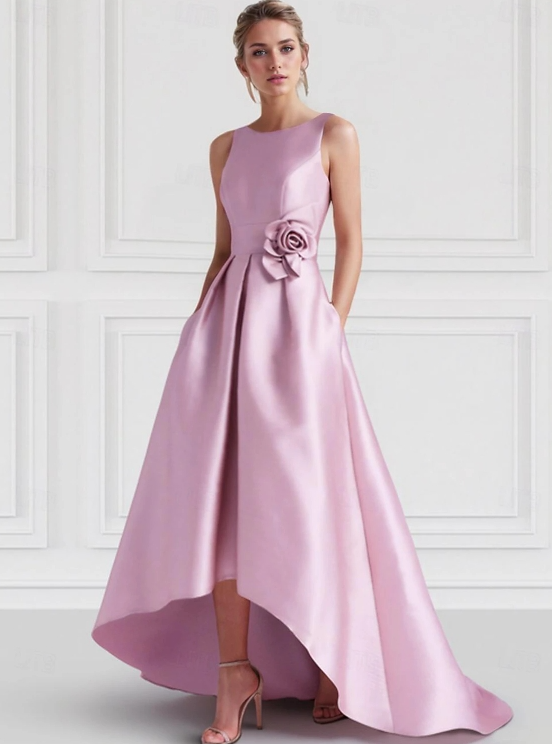 A-Line Wedding Guest Dress Floor Length Sleeveless Boat Neck Pink Dress Satin with Pocket