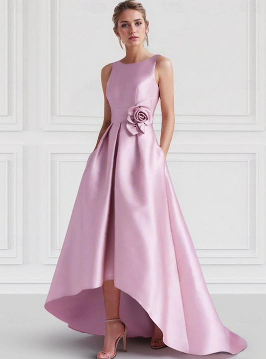 A-Line Wedding Guest Dress Floor Length Sleeveless Boat Neck Pink Dress Satin with Pocket