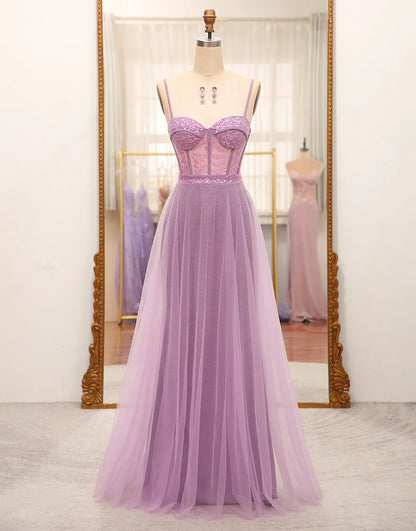 A-Line Princess Lilac Spaghetti Straps Long Corset Prom Dress