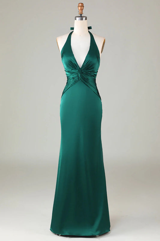 Halter Emerald Green Ruched Mermaid Wedding Guest Party Dress