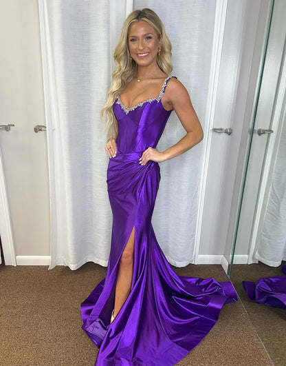 Purple Mermaid Off The Shoulder Prom Dress With Slit