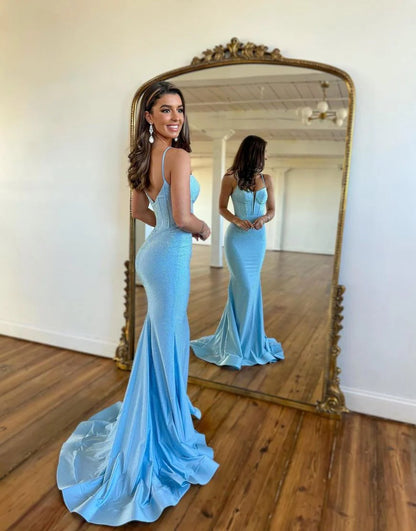 Sparkly Blue Corset Spaghetti Strap Mermaid Long Prom Dress