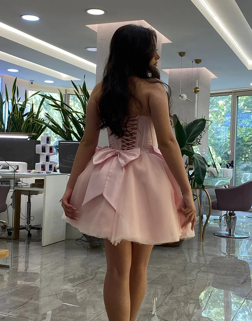 Pink A-Line Strapless Homecoming Dress with Bow Detail