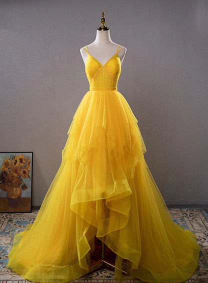 Yellow V Neck High Low Prom Dress Evening Dress