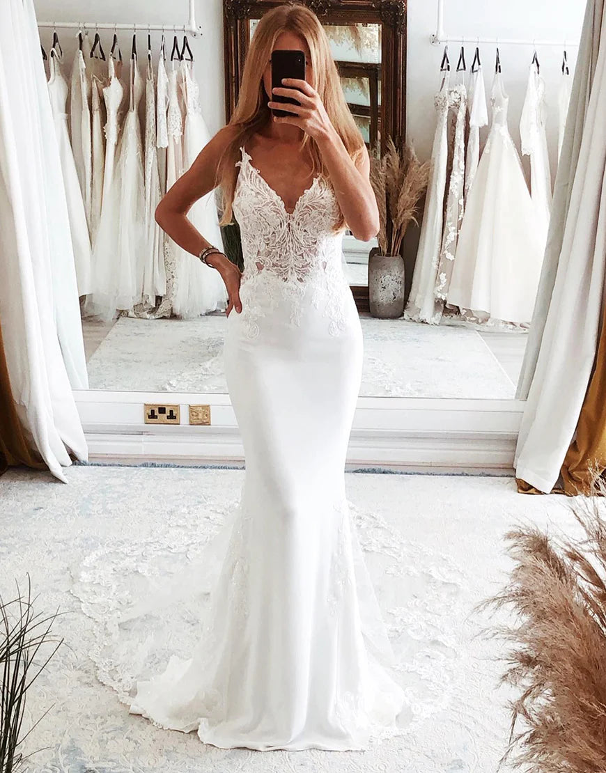 Mermaid Lace Spaghetti Straps Backless Wedding Dress