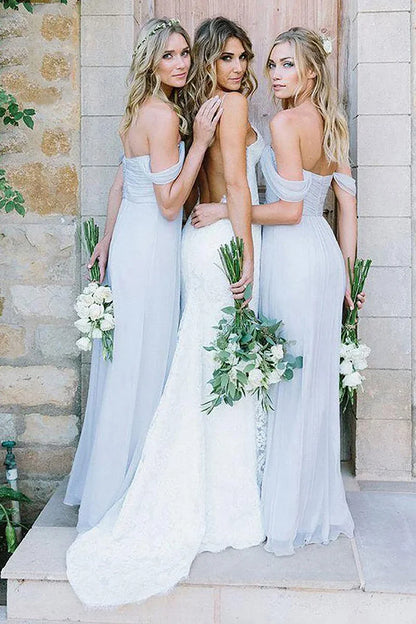 A-Line Off the Shoulder Long Chiffon Boho Bridesmaid Dress