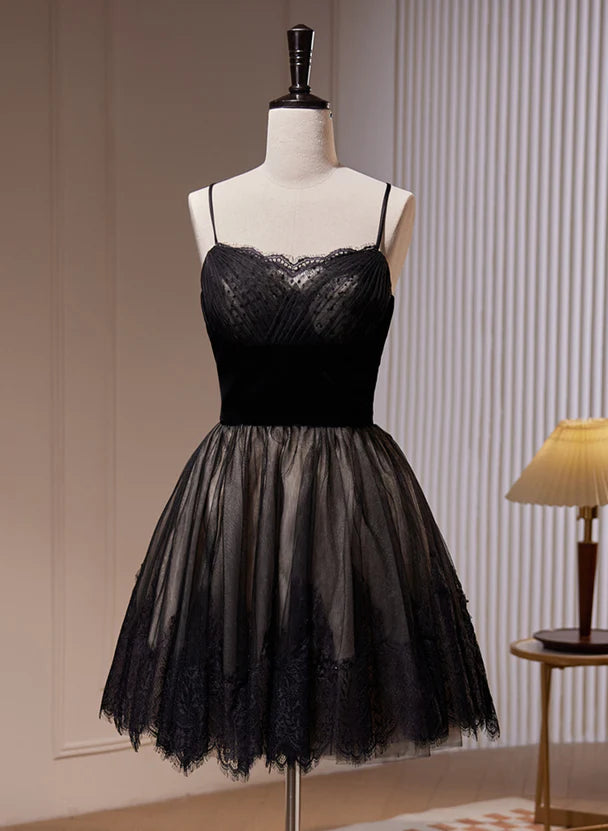 Black Tulle and Lace Straps Short Party Dress Homecoming Dress