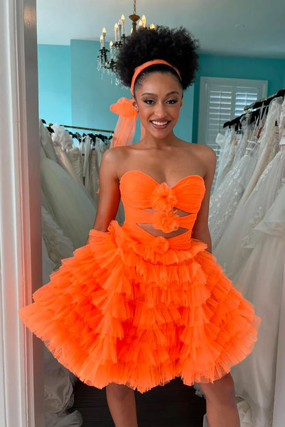 Orange Strapless Ruffle Tiered Tulle Short Homecoming Dress