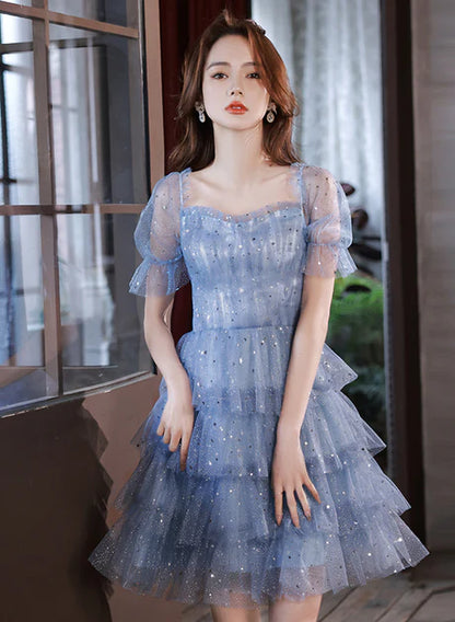 Glitter Blue Layers Tulle Formal Off Shoulder Homecoming Dress Party Dress