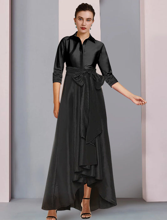 A-Line Mother of the Bride Dress High Low Shirt Collar Asymmetrical Satin 3/4 Length Sleeve with Sash / Ribbon Bow(s) Pleats