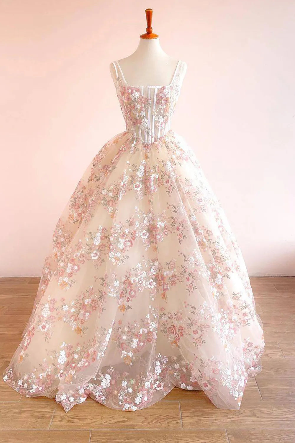 A-Line Princess Square Neck Blush Corset Prom Dress With Embroidery