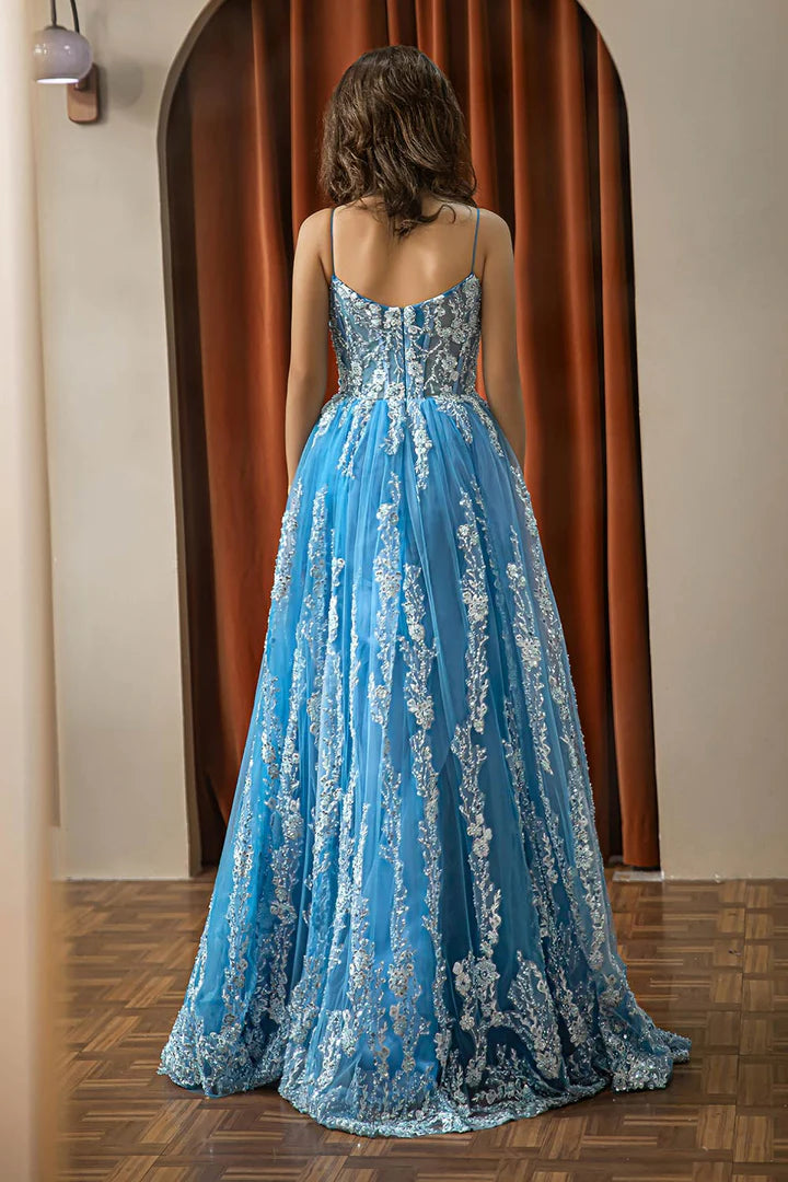 Embroidery Beaded Tulle Prom Dress A-Line Princess Corset Dress