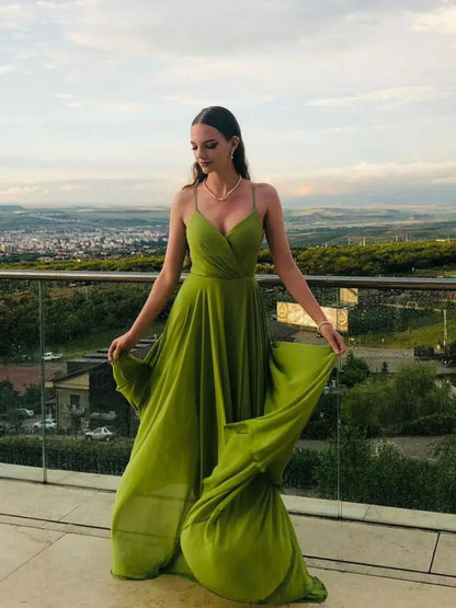 A Line Green Chiffon Long Prom Dress Green Evening Dress