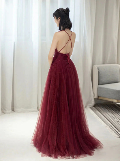 Burgundy Aline V Neck Tulle Evening Dress Sequin Long Prom Dress