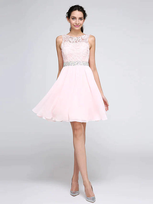 A-Line Hot Graduation Cocktail Party Dress Illusion Neck Sleeveless Short Mini Chiffon Corded Lace with Crystals