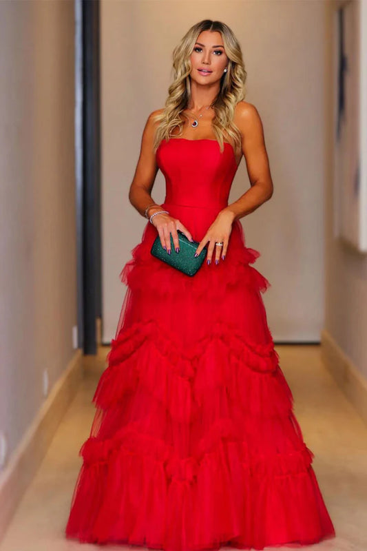 A-Line Princess Strapless Long Red Ruffle Tiered Prom Dress