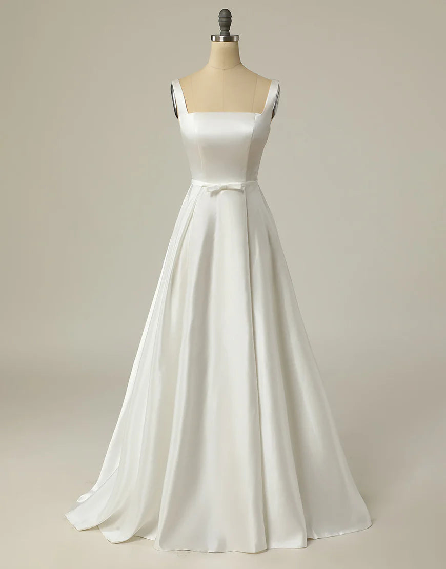 Simple A Line Square Neck White Long Wedding Dress Court Train Dresses