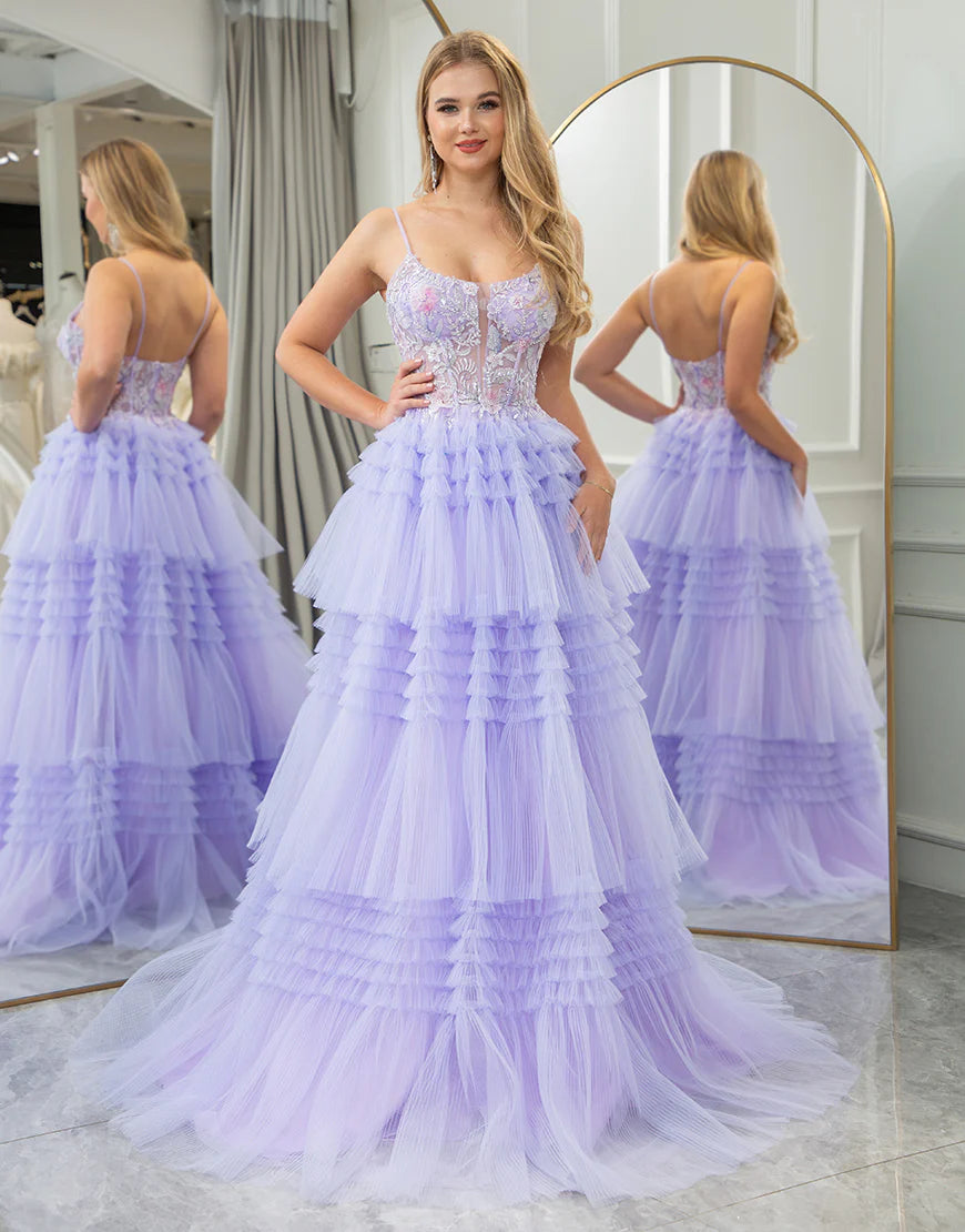 A Line Tiered Tulle Prom Dress With Beaded Flower Appliques