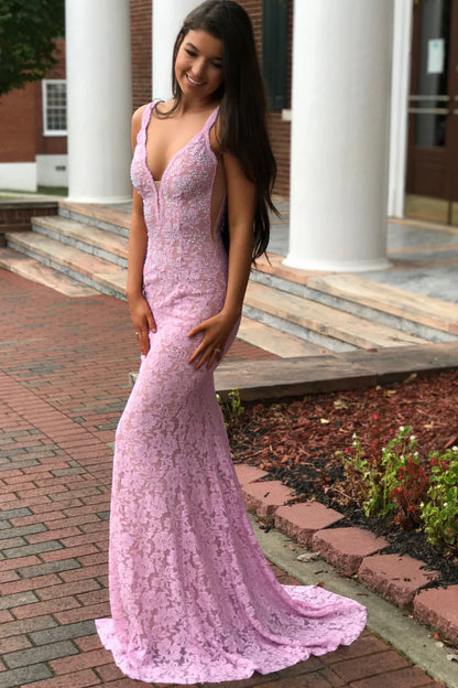 Elegant Mermaid V-Neck Pink Lace Backless Prom Dress With Beading