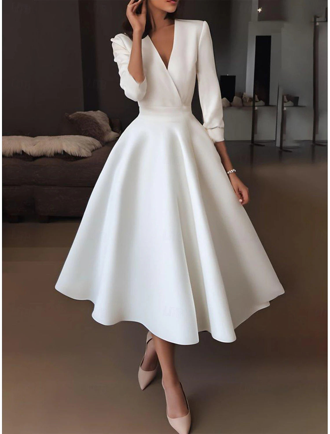 A-Line V Neck Half Sleeve Wedding Dresses Little White Dress Tea Length Satin Bridal Gowns With Draping