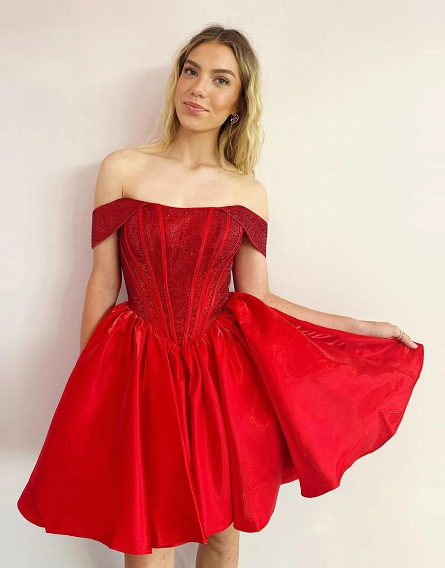 A-Line Off the Shoulder Beaded Satin Homecoming Dress