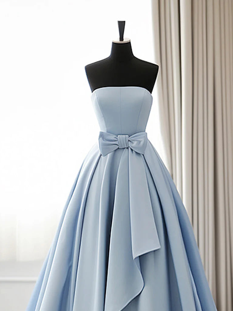 A-Line Blue Satin Long Prom Dress Simple Satin Formal Evening Dress