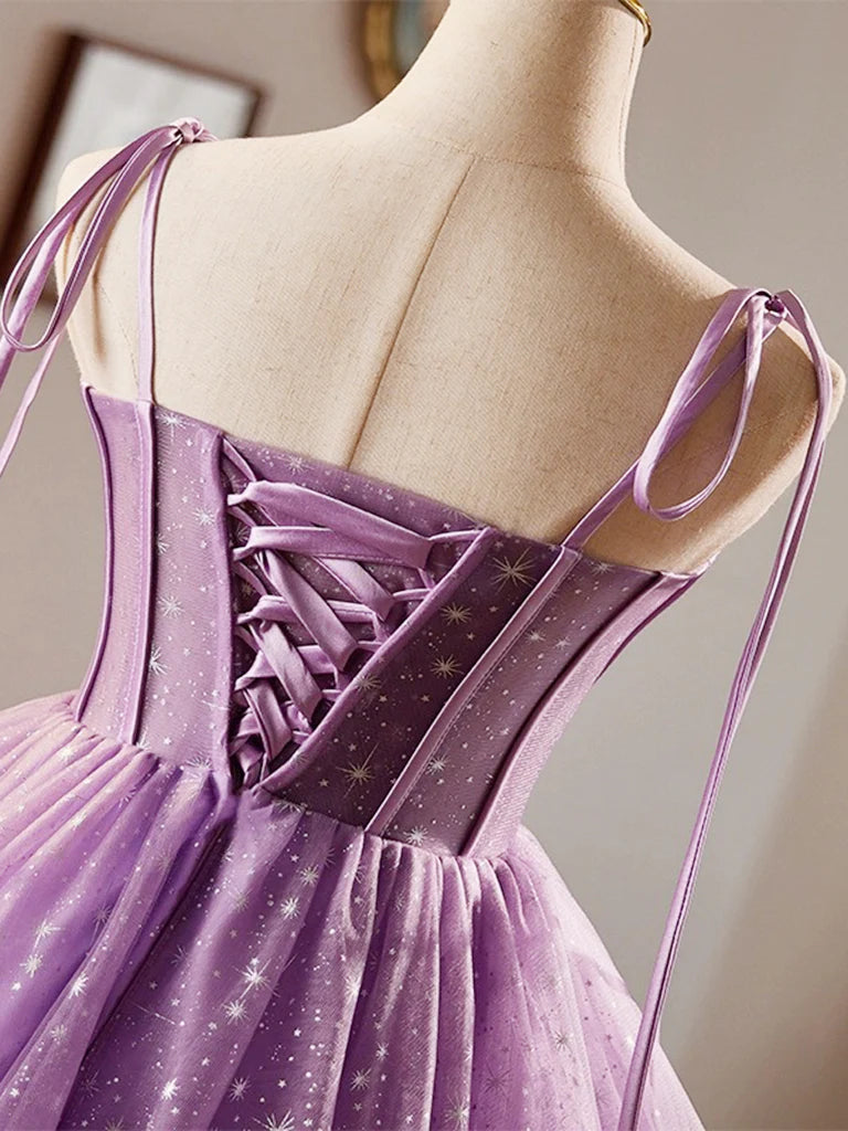 A-Line Sweetheart Neck Tulle Lace Purple Homecoming Dress