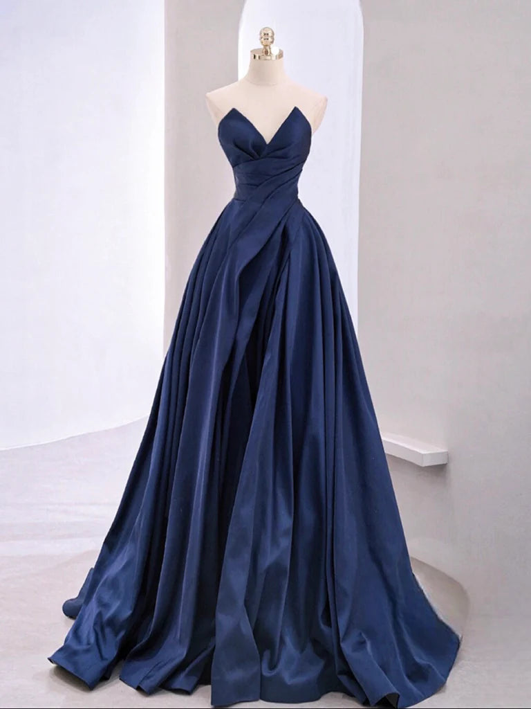 A-Line V Neck Satin Dark Blue Evening Dress Long Prom Dress Ballgown