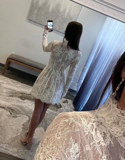 A-Line White Lace Long Sleeve Sheer Homecoming Dress