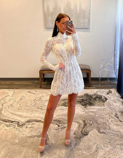 A-Line White Lace Long Sleeve Sheer Homecoming Dress