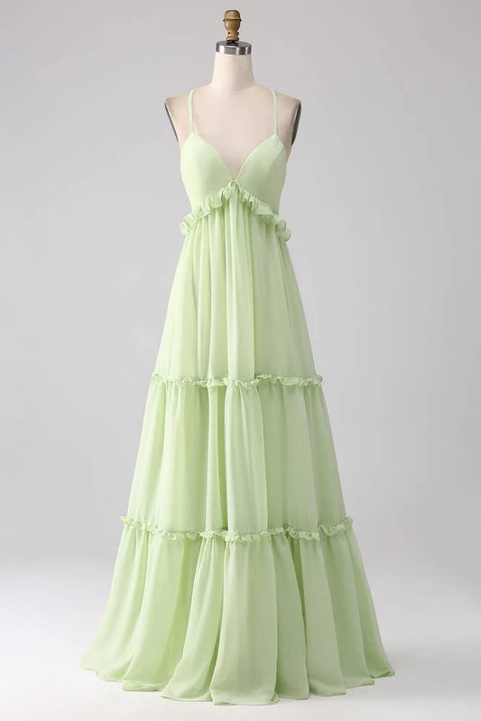 Straps Mint Green Empire A-Line Chiffon Maxi Dress