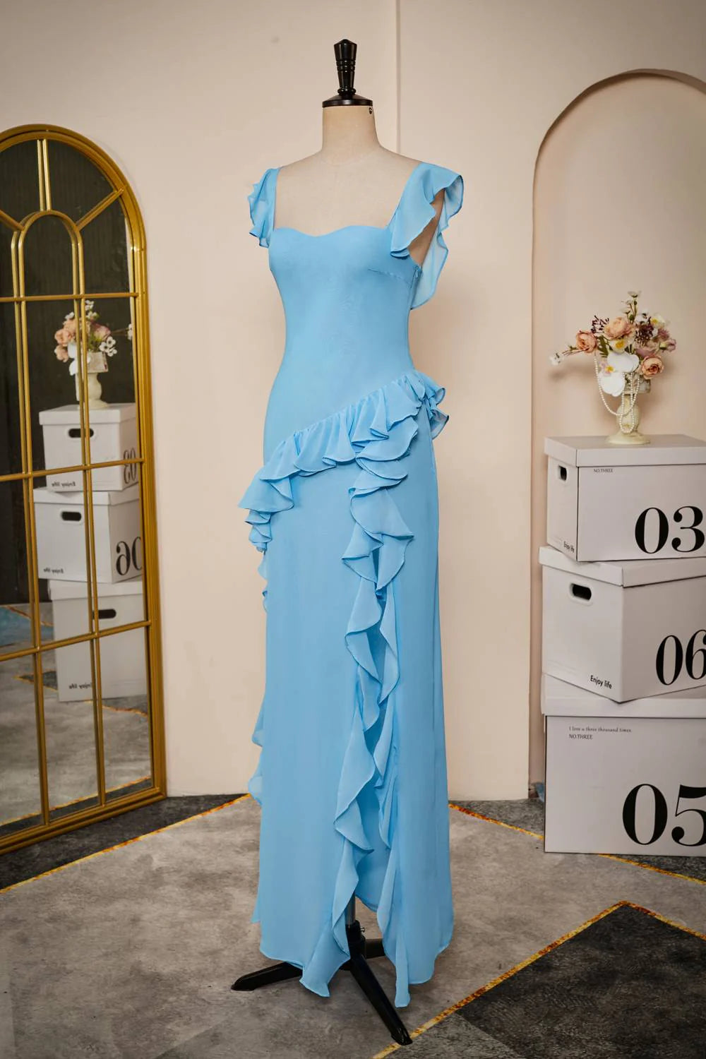 Elegant Blue Ruffle Slit Chiffon Long Bridesmaid Dress With Slit