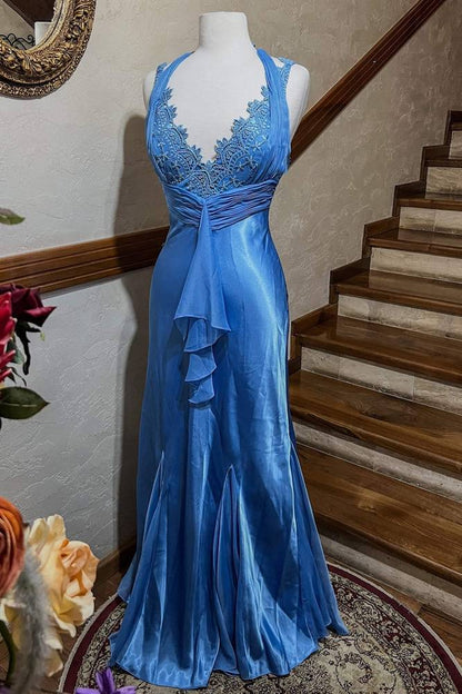 Blue Halter Lace-Up Satin Maxi Dress Backless With Lace Up Back Wedding Guest Dress