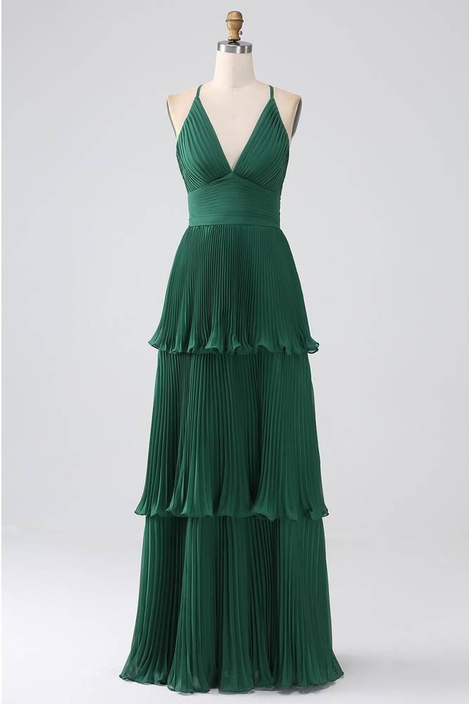 V-Neck Emerald Green Empire Pleated Floor-length Tiered Maxi Dress