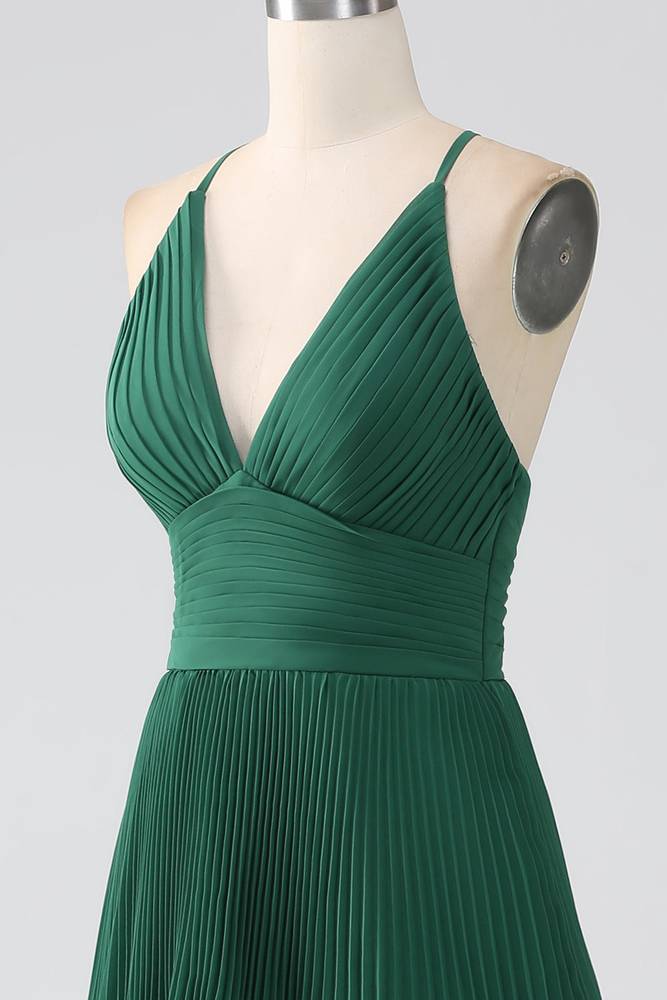 V-Neck Emerald Green Empire Pleated Floor-length Tiered Maxi Dress