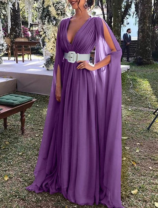 A-Line Wedding Guest Dress Party Dress Black Tie Floor Length Long Sleeve V Neck Fall Chiffon with Belt