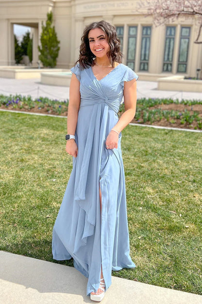 Dusty Blue V-Neck Pleated Chiffon Bridesmaid Dress Wedding Guest Party Dress