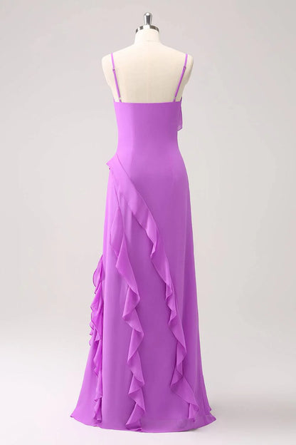 Lilac Strap Ruffle Floor-length Wedding Guest Party Dress With Slit