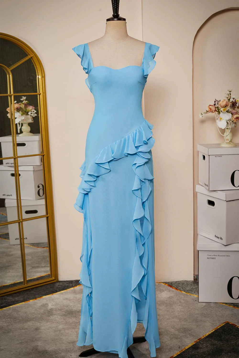 Elegant Blue Ruffle Slit Chiffon Long Bridesmaid Dress With Slit