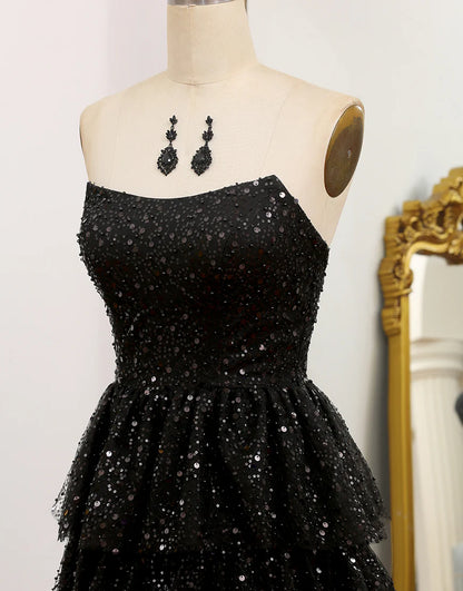 Strapless Glitter A-Line Sequins Black Tiered Prom Dress with Slit