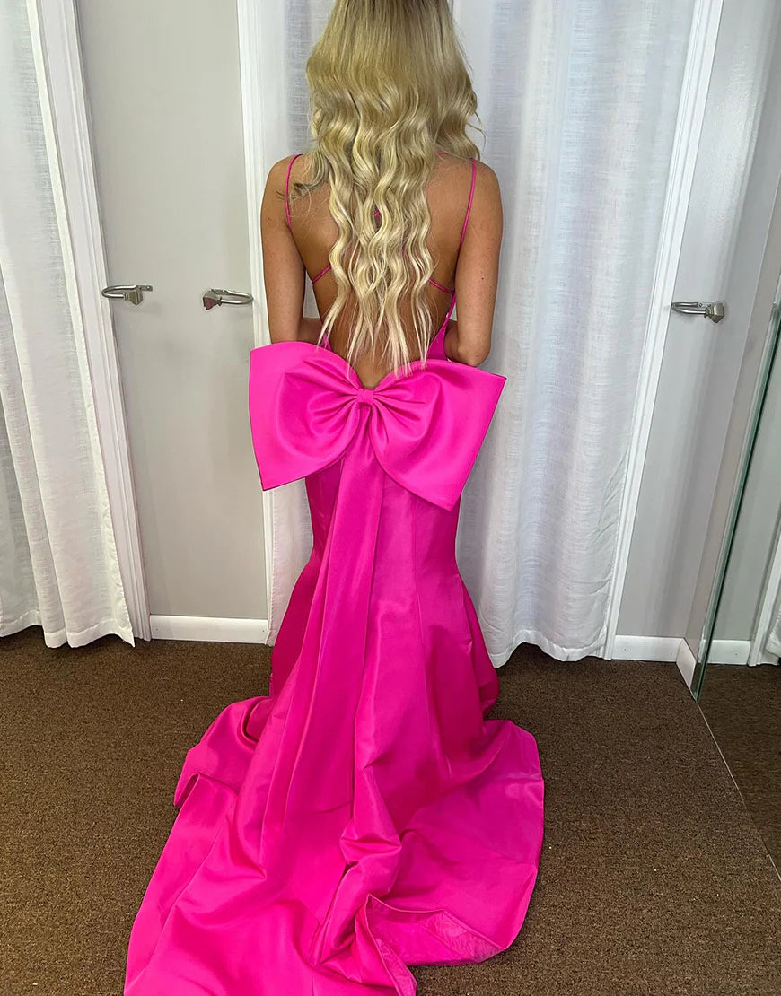 Fuchsia Mermaid V-Neck Long Backless Prom Dress With Bow Tie