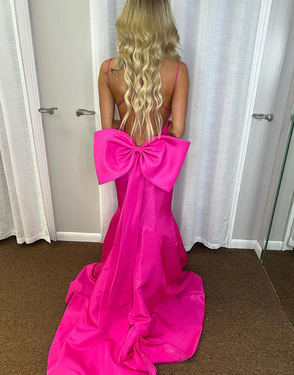 Fuchsia Mermaid V-Neck Long Backless Prom Dress With Bow Tie